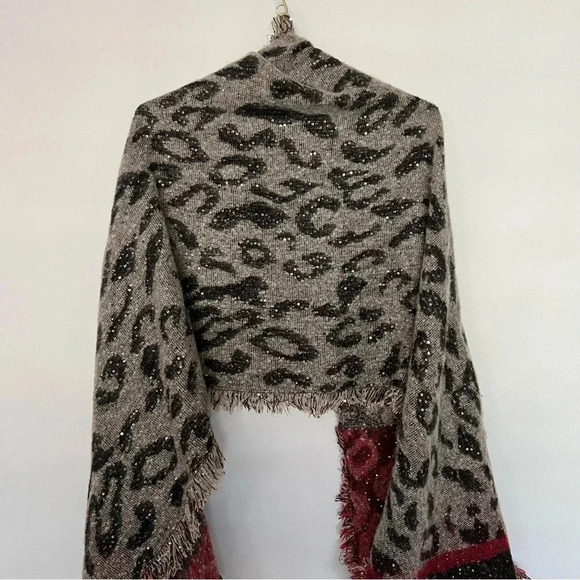 INC International Concepts Leopard Print Sequin Wrap Scarf Oat Black Red - Picture 6 of 10